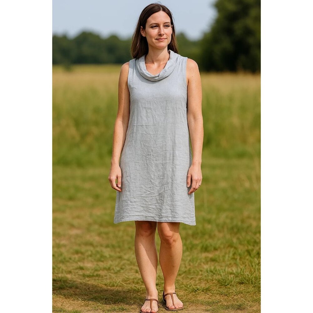 Lina Tomei Light Gray Sleeveless Linen Blend Dress Cowl Neck Italy Size Large